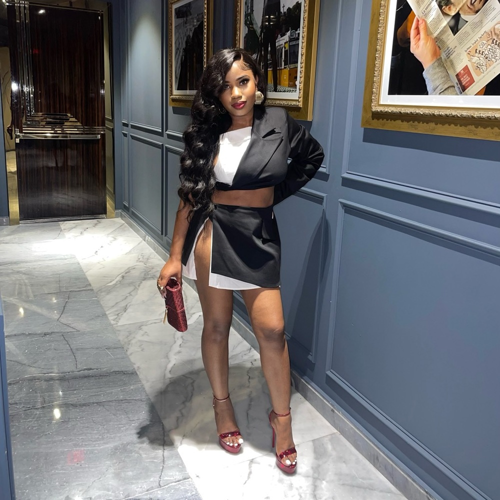 Black cropped blazer and Black miniskirt with side slit